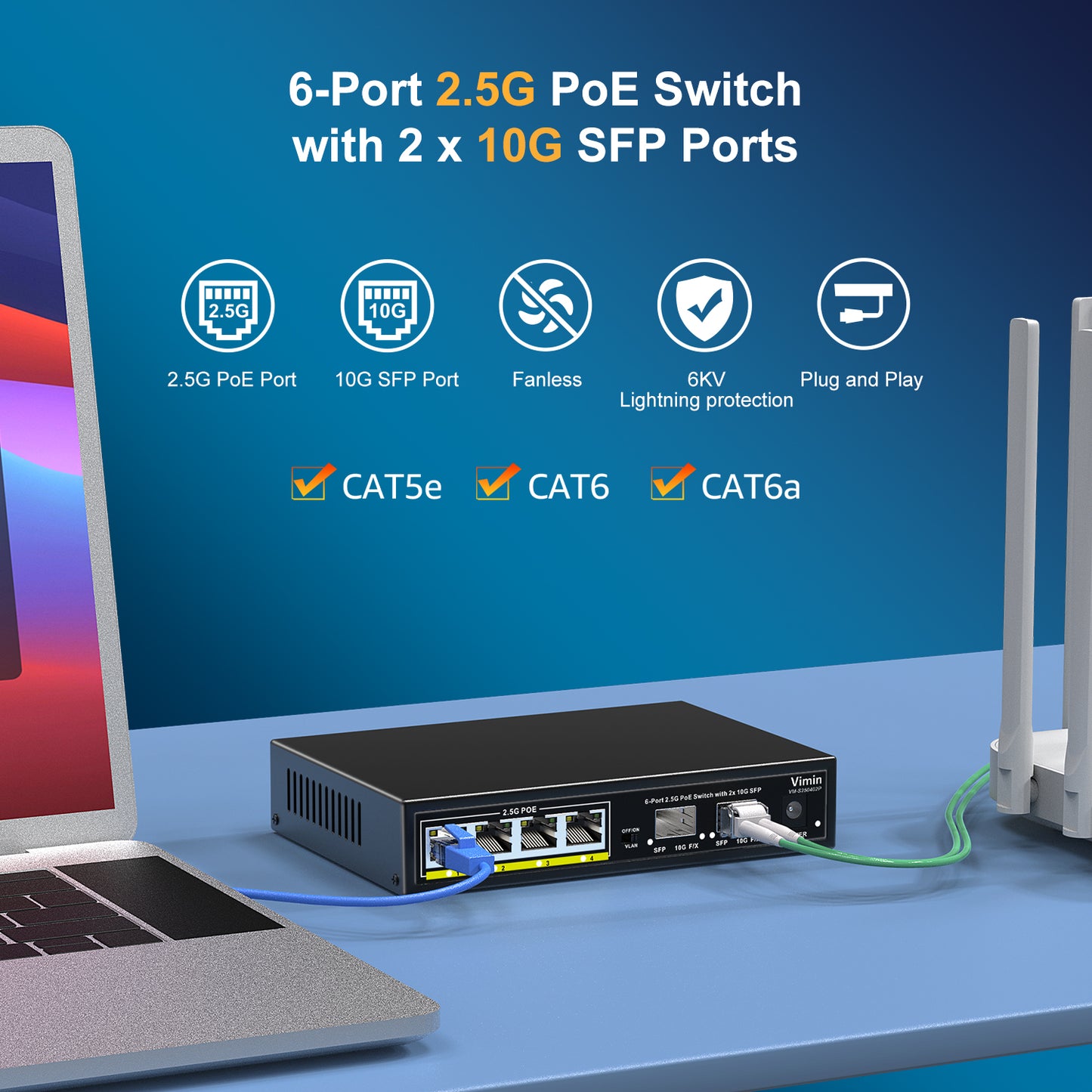 6-Port 2.5G PoE Switch Unmanaged, 4X 2.5GBase-T PoE Ports, 2X 10Gbps SFP, 4 Port PoE Switch w/ 60Gbps Ethernet Switching Capacity, Support IEEE802.3af/at, 65W, VLAN, Metal Housing, Fanless