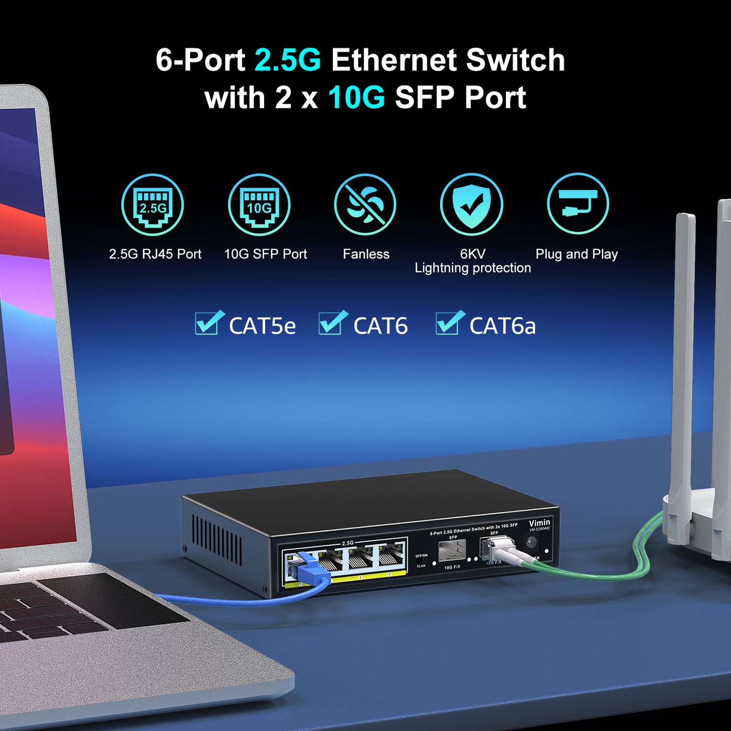 6 Port 2.5G Unmanaged Network Switch, 4X 2.5Gbase-T Ports, 2X 10G SFP, 60Gbps Ethernet Switching Capacity, One-Key VLAN, Metal Housing, Fanless, Work for 2.5Gbps NAS, Wireless AP & PC