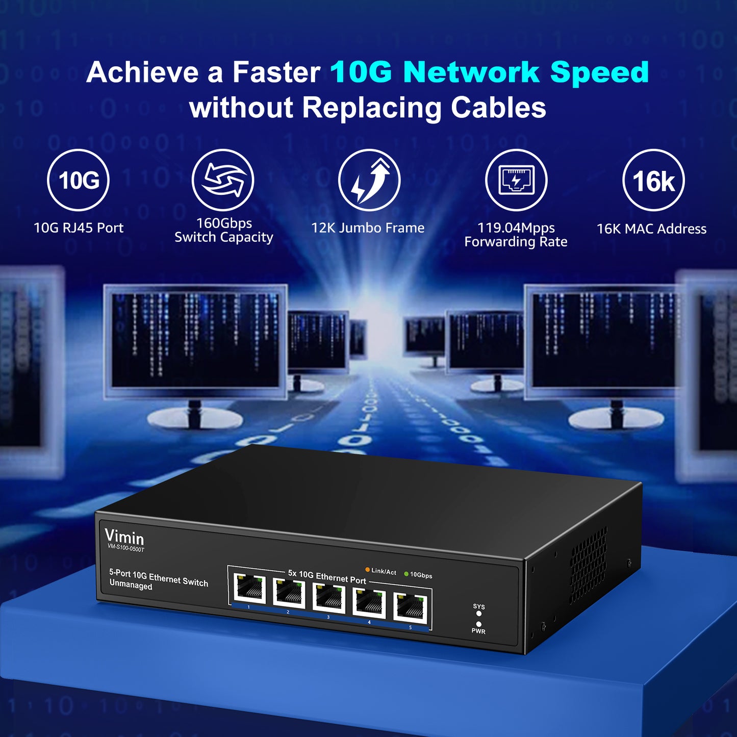 5-Port 10G Unmanaged Ethernet Switch, VIMIN 10Gbe Network Switch Support 100M/1000M/2.5G/5G/10G Speed Auto-Negotiation, for 10G NAS Network, Plug & Play, 100Gbps Switching Capacity