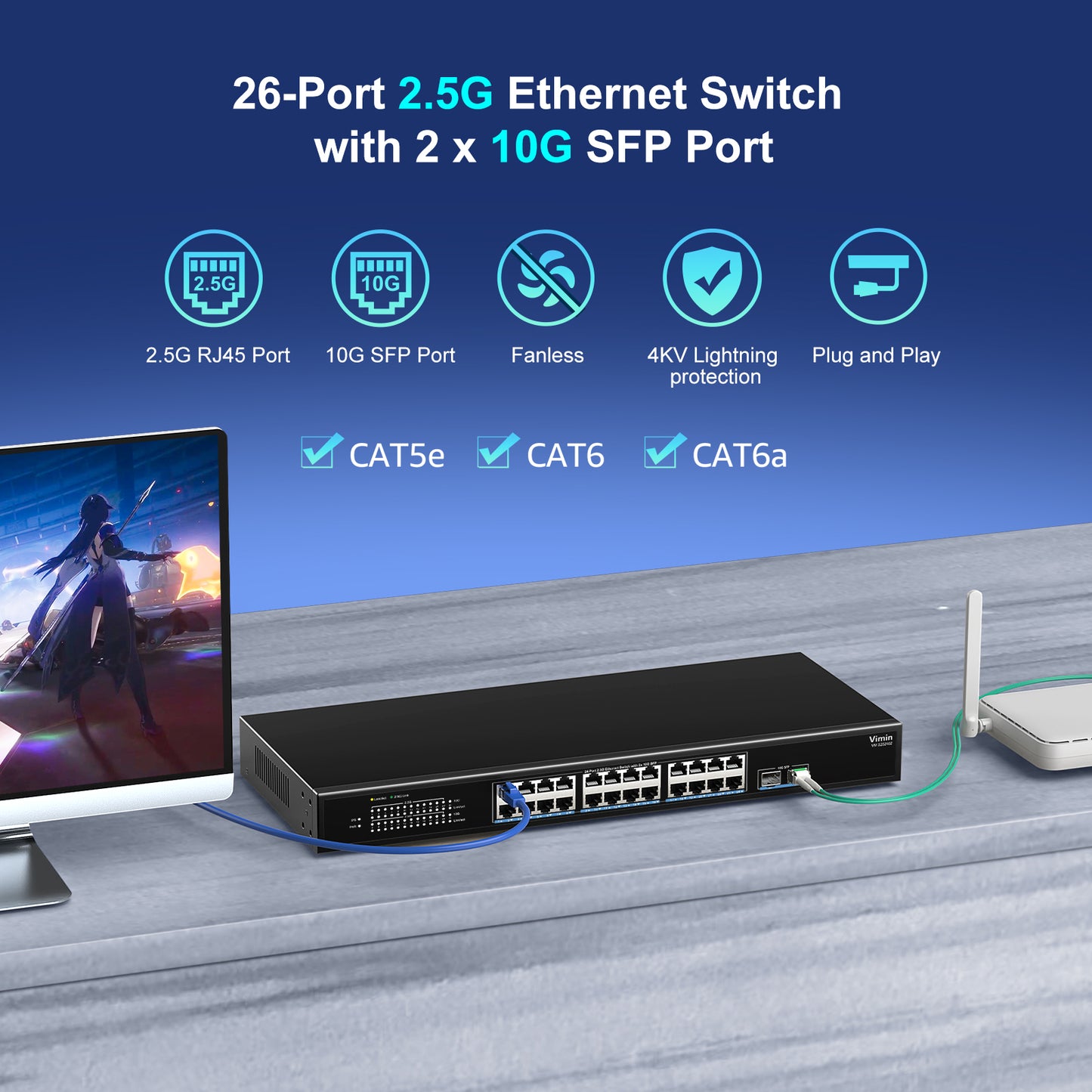 26 Port 2.5G Unmanaged Network Switch, 24X 2.5Gbase-T Ethernet Ports, 2X 10G SFP+, 120Gbps Switching Capacity, Metal Housing, Fanless, 19-inch Rack Mount, Work for 2.5Gbps NAS, Wireless AP & PC