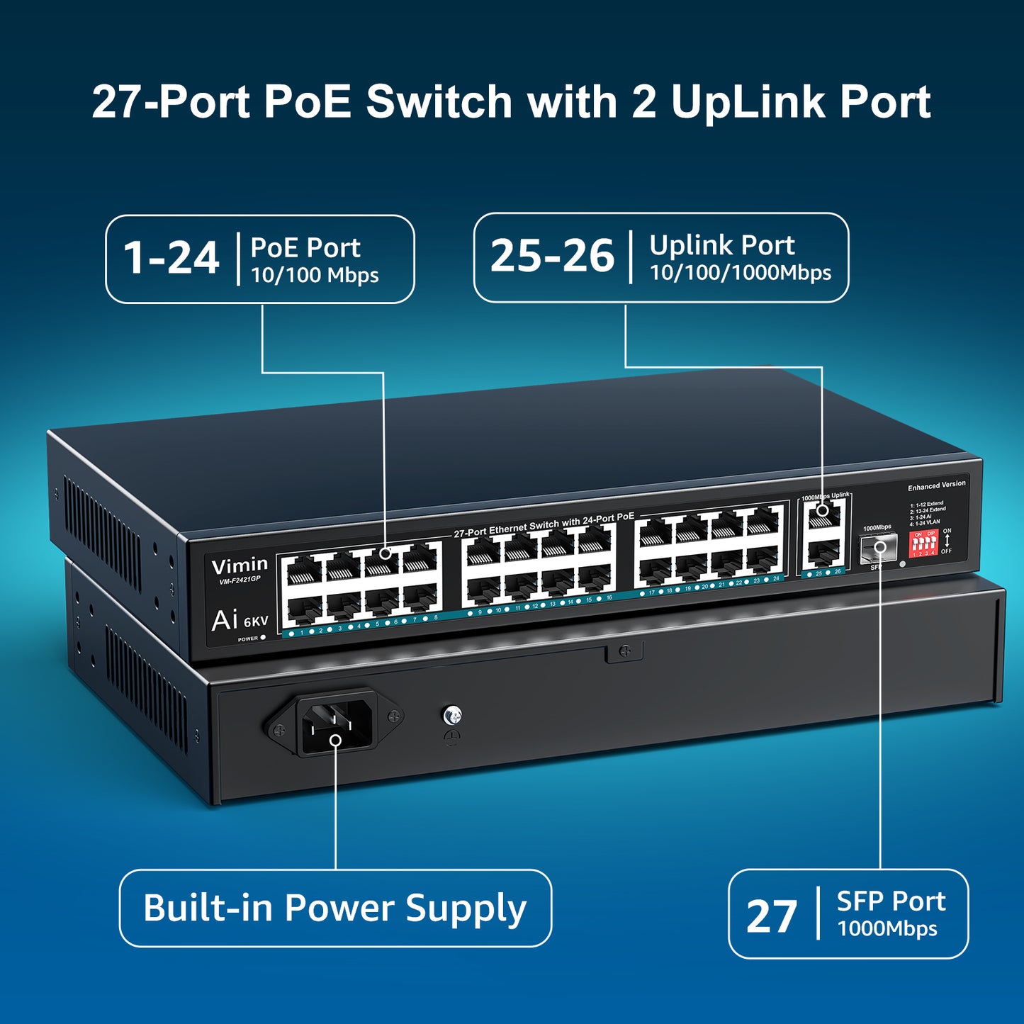 [Upgraded] 24-Port PoE Switch with 2 Uplink Gigabit Ports & 1 SFP, VIMIN 27-Port Unmanaged 10/100Mbps Network PoE Switch with 24-Port PoE, AI Watchdog, VLAN, Extend 250m, Support IEEE802.3af/at