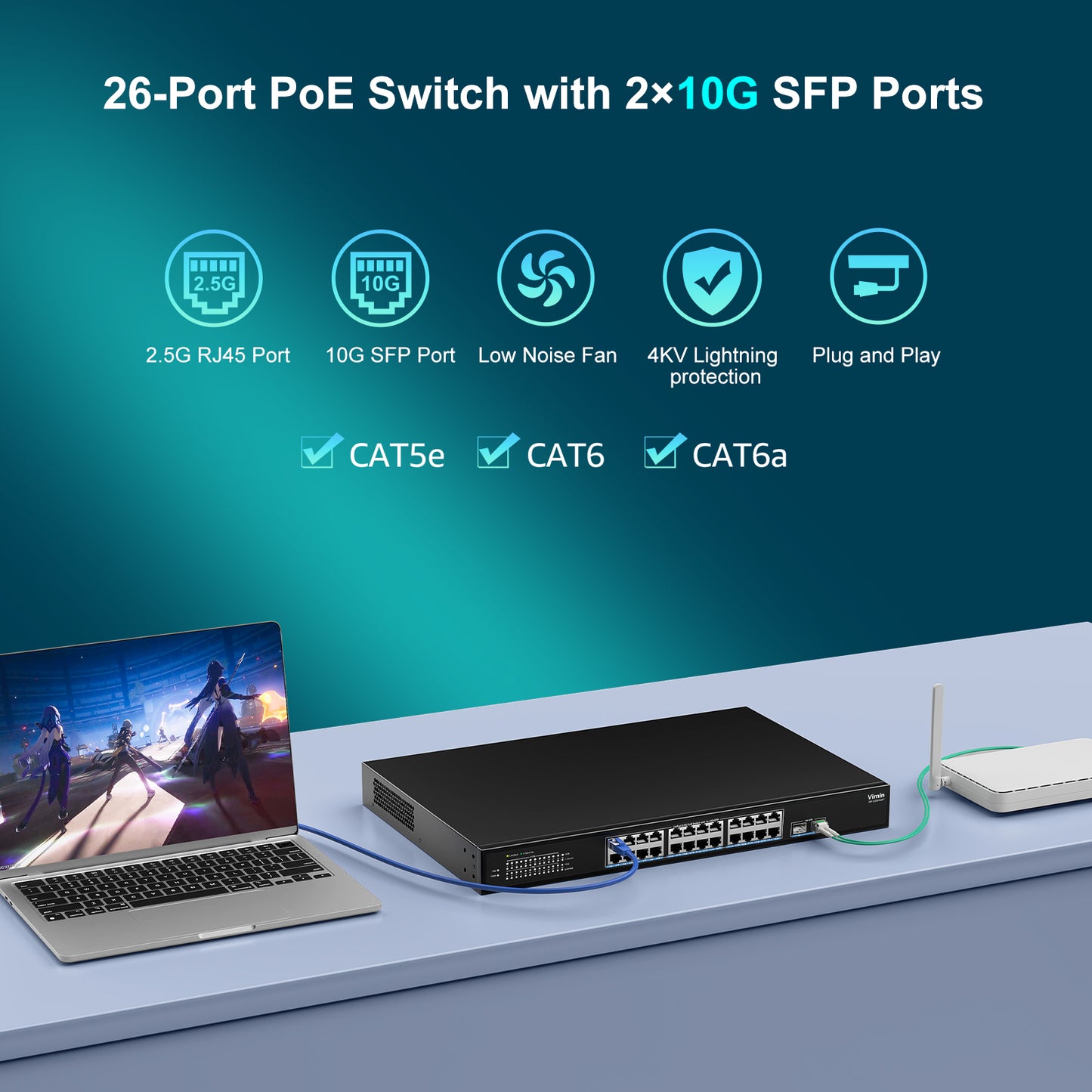 26-Port 2.5G PoE Switch Unmanaged, 24× 2.5G Base-T PoE Ports, 2× 10Gbps SFP, 24 Port PoE Switch w/ 60Gbps Ethernet Switching Capacity, Support IEEE802.3af/at, 65W, VLAN, Metal Housing, Fanless