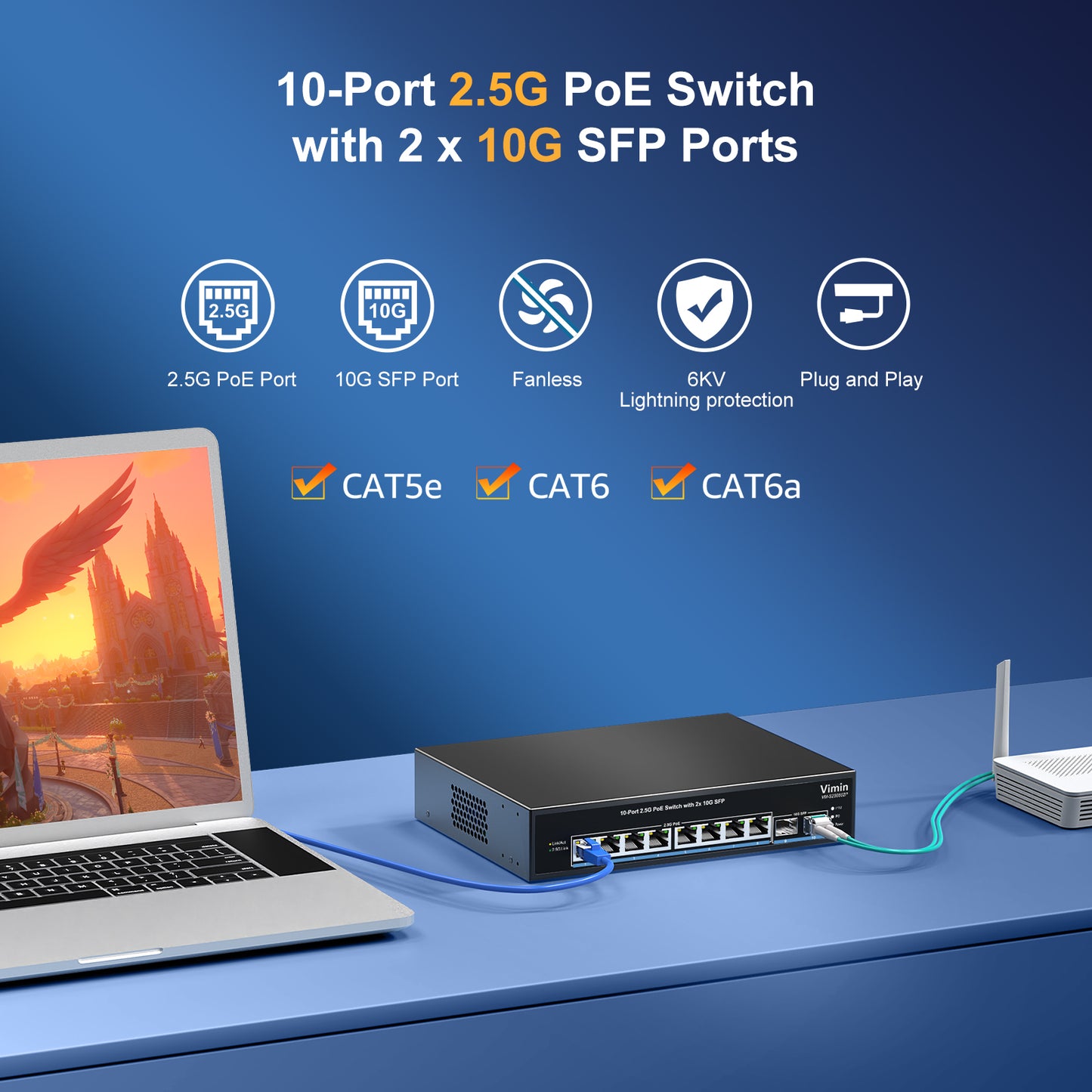 8 Port 2.5G PoE Switch Unmanaged with 2X 10Gbps SFP, VIMIN 10x 2.5G Base-T PoE Ports, 10G SFP PoE Switch w/ 60Gbps Ethernet Switching Capacity, IEEE802.3af/at, 120W, VLAN, Metal Housing, Fanless