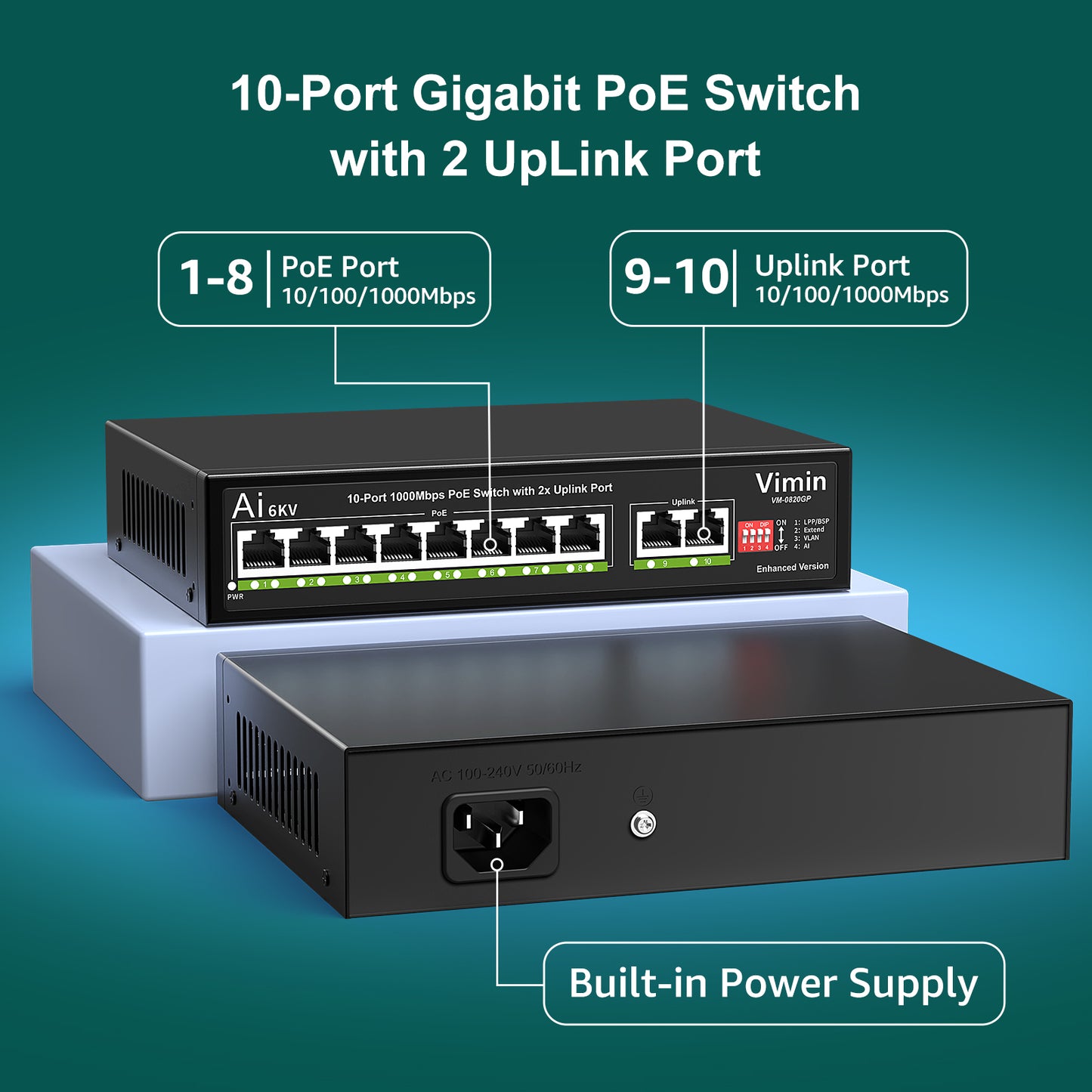 [Upgraded] 10-Port Gigabit PoE Switch with 8 Port PoE, VIMIN 8-Port Unmanaged 10/100/1000Mbps Network PoE Switch with 2 Uplink Ports, AI Watchdog, VLAN, Extend 250m, Support IEEE802.3af/at