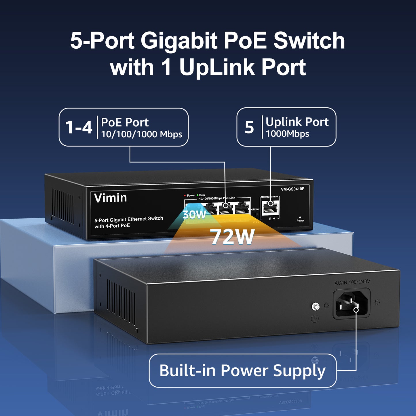 4 Port Gigabit PoE Switch with 1 Uplink Gigabit Ports, 5 Port Unmanaged Ethernet PoE Switch with 72W Power, Support IEEE802.3af/at, VLAN, Metal Housing, Desktop or Wall-Mount, Plug & Play