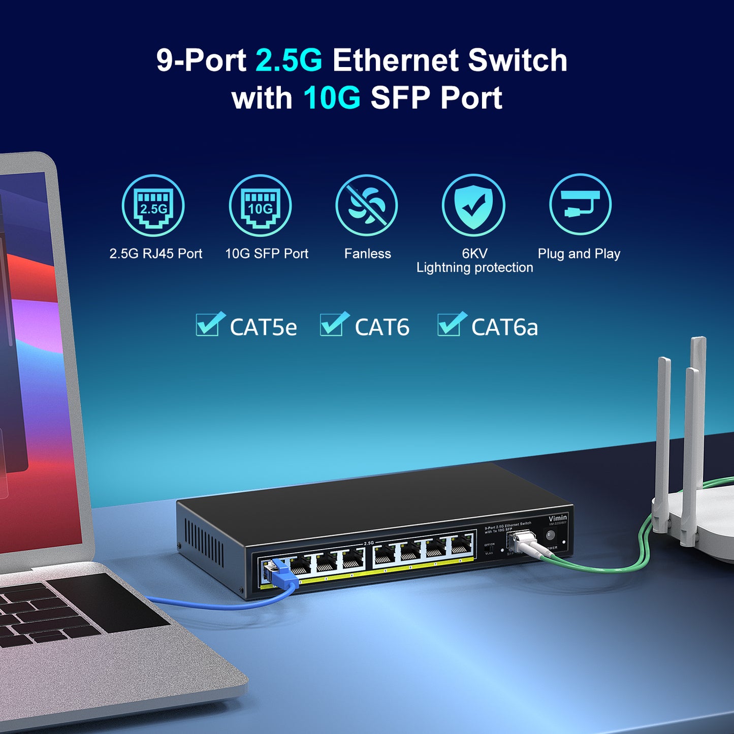 8 Port 2.5G Unmanaged Ethernet Switch with 10G SFP, VIMIN 8-Port 2.5G Base-T Ports with 60Gbps Switching Capacity, Compatible 10/100/1000Mbps Network, One-Key VLAN, Metal Housing, Fanless, for Desktop