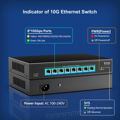 8-Port 10G Unmanaged Ethernet Switch, VIMIN 10Gbe Network Switch Support 100M/1000M/2.5G/5G/10G Speed Auto-Negotiation, for 10G NAS Network, Plug & Play, 160Gbps Switching Capacity