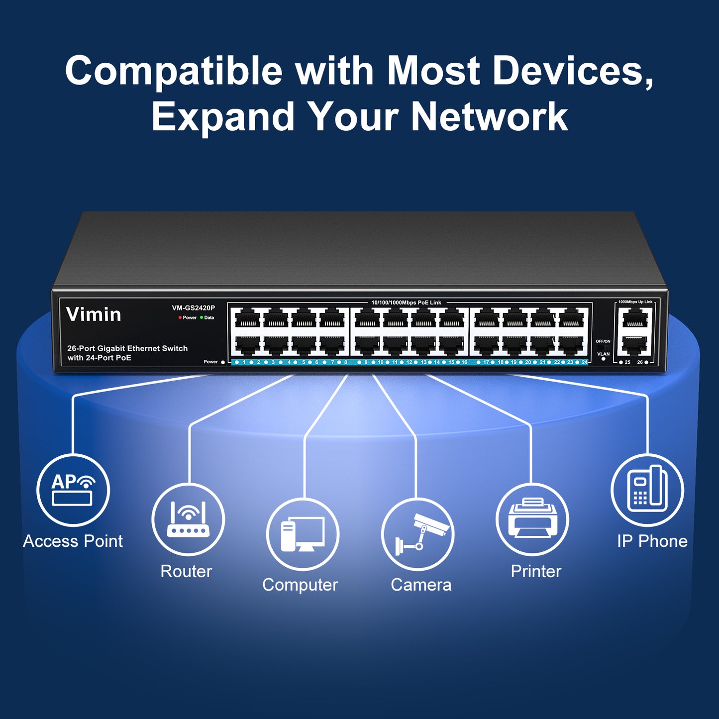 Switch PoE Gigabit 24 ports avec 2 ports Gigabit de liaison montante, commutateur Ethernet PoE non géré 26 ports avec puissance 320 W, prise en charge IEEE802.3af/at, VLAN, boîtier métallique, montage en rack 19 pouces, Plug and Play 