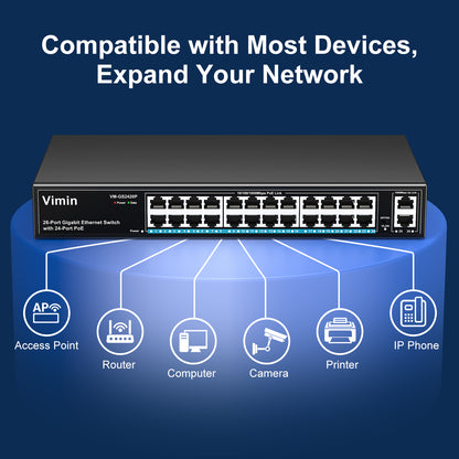 24 Port Gigabit PoE Switch with 2 Uplink Gigabit Ports, 26 Port Unmanaged PoE Ethernet Switch with 320W Power, Support IEEE802.3af/at, VLAN, Metal Housing, 19 inch Rack-Mount, Plug and Play