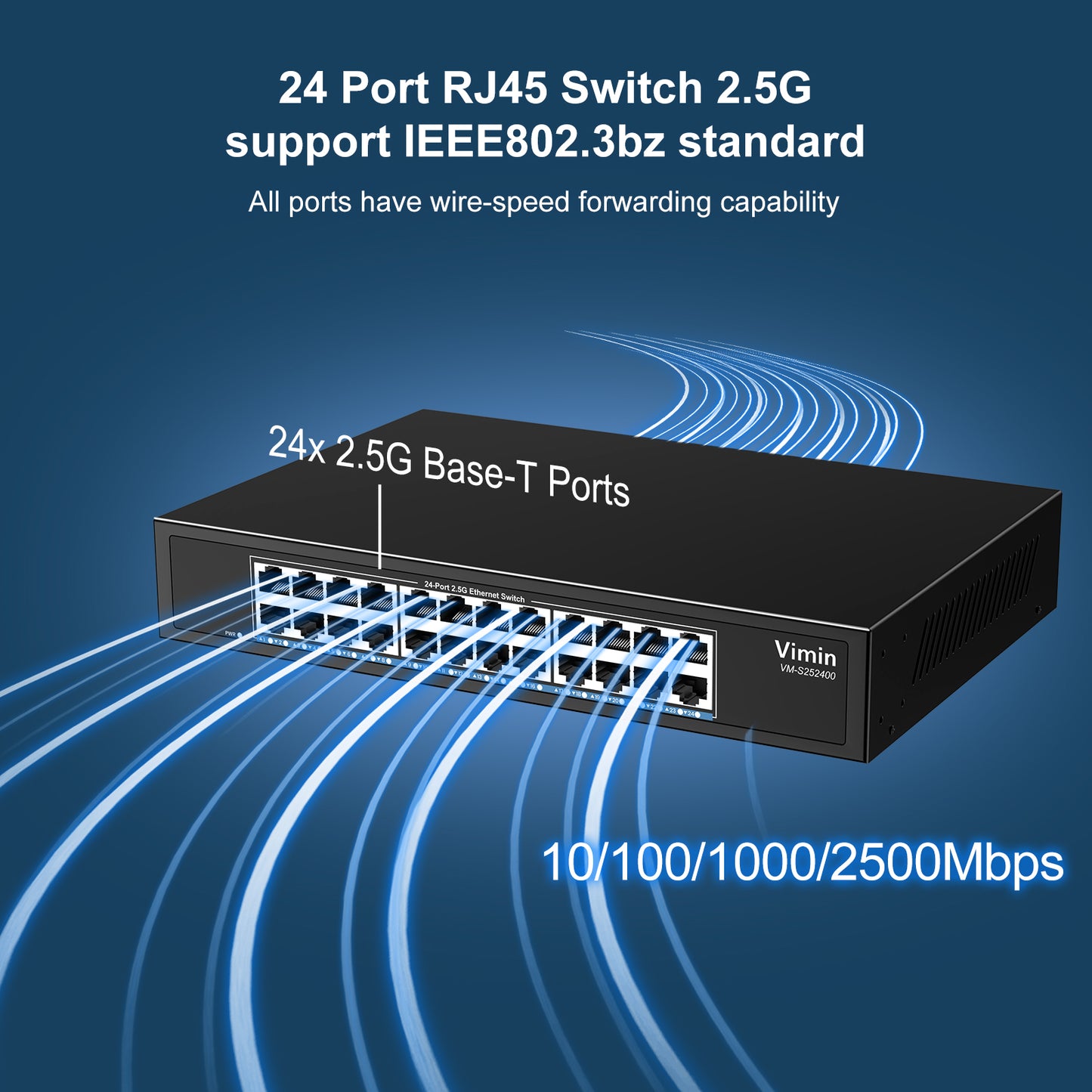 2.5G Switch Unmanaged, Vimin 24 Port 2.5GB Base-T Ethernet Switch, 2.5Gb Network Switch Plug & Play, Compatible with 10/100/1000/2500Mbps, Metal Housing, Fanless, for 2.5Gbps NAS, Wireless AP & PC