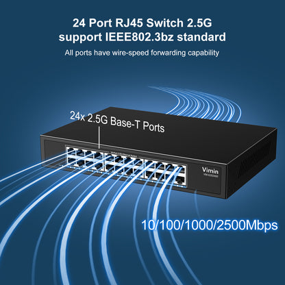 2.5G Switch Unmanaged, Vimin 24 Port 2.5GB Base-T Ethernet Switch, 2.5Gb Network Switch Plug & Play, Compatible with 10/100/1000/2500Mbps, Metal Housing, Fanless, for 2.5Gbps NAS, Wireless AP & PC