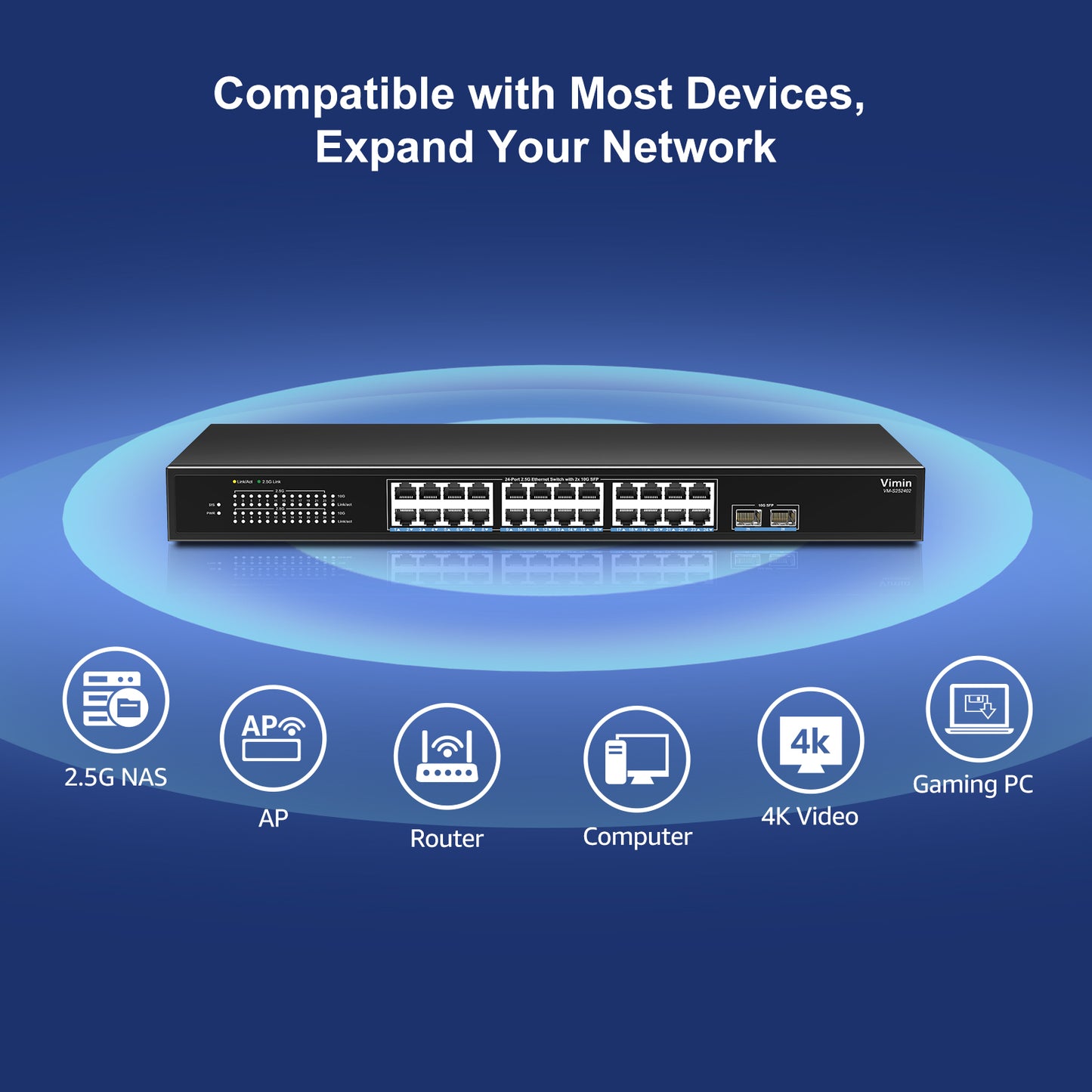 26 Port 2.5G Unmanaged Network Switch, 24X 2.5Gbase-T Ethernet Ports, 2X 10G SFP+, 120Gbps Switching Capacity, Metal Housing, Fanless, 19-inch Rack Mount, Work for 2.5Gbps NAS, Wireless AP & PC