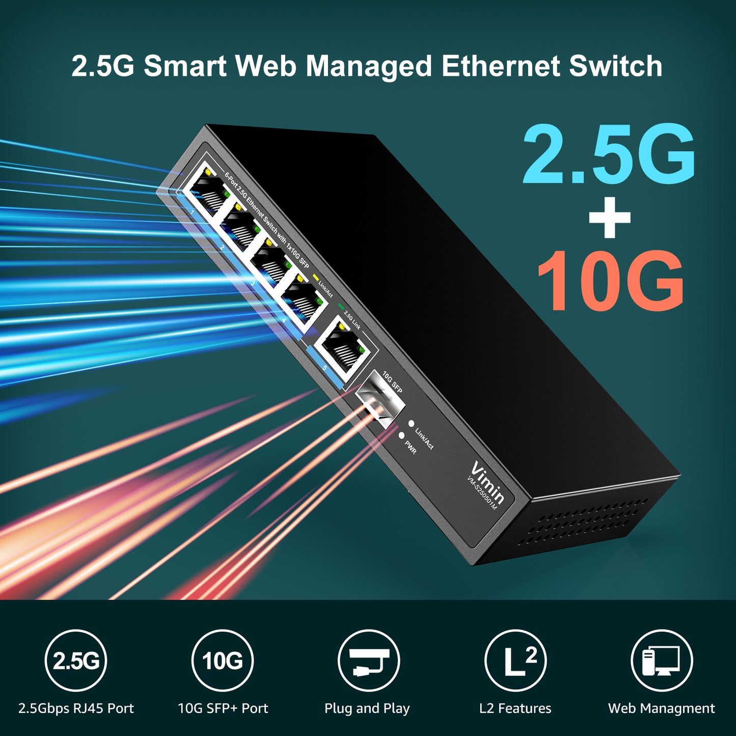 5 Port 2.5G Base-T Smart Web Ethernet Switch Managed with 10Gbps SFP Port, Compatible with 100/1000/2500Mbps Network, VIMIN 6-Port 2.5 Gigabit Managed Network Switch for 2.5G NAS, PC, Wireless AP