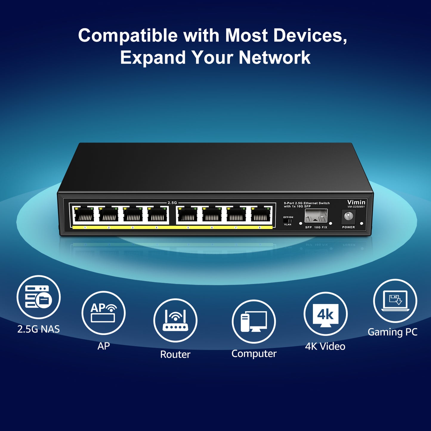 8 Port 2.5G Unmanaged Ethernet Switch with 10G SFP, VIMIN 8-Port 2.5G Base-T Ports with 60Gbps Switching Capacity, Compatible 10/100/1000Mbps Network, One-Key VLAN, Metal Housing, Fanless, for Desktop