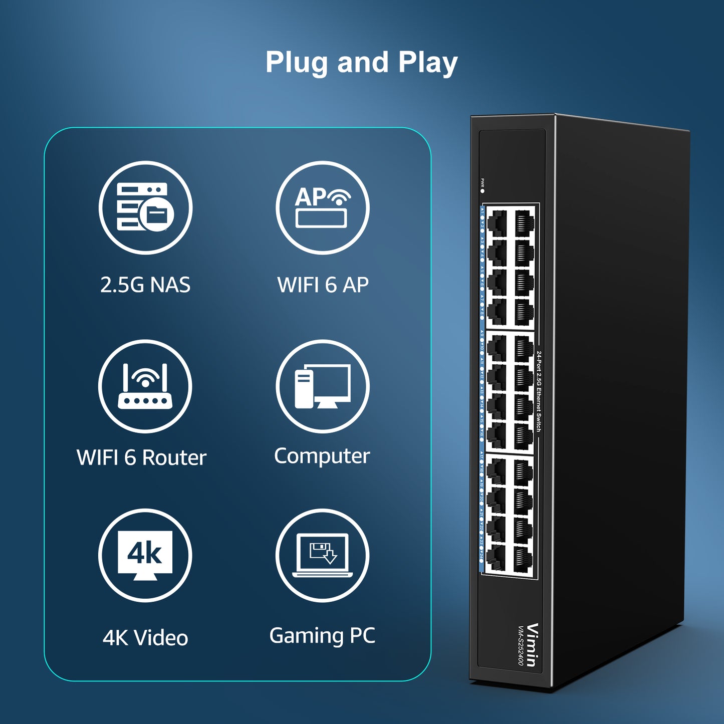 2.5G Switch Unmanaged, Vimin 24 Port 2.5GB Base-T Ethernet Switch, 2.5Gb Network Switch Plug & Play, Compatible with 10/100/1000/2500Mbps, Metal Housing, Fanless, for 2.5Gbps NAS, Wireless AP & PC