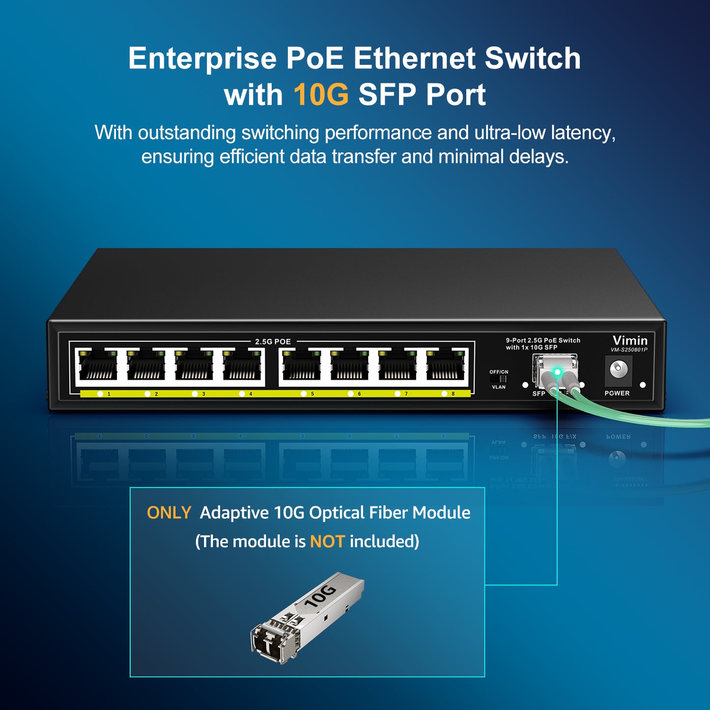 8 Port 2.5G Base-T PoE Switch Unmanaged, VIMIN 9-Port 2.5 Gigabit PoE Switch with 10G SFP, 60Gbps Switching Capacity, 120W Power Budget, VLAN, Support IEEE802.3af/at, Metal Housing, Fanless, Desktop