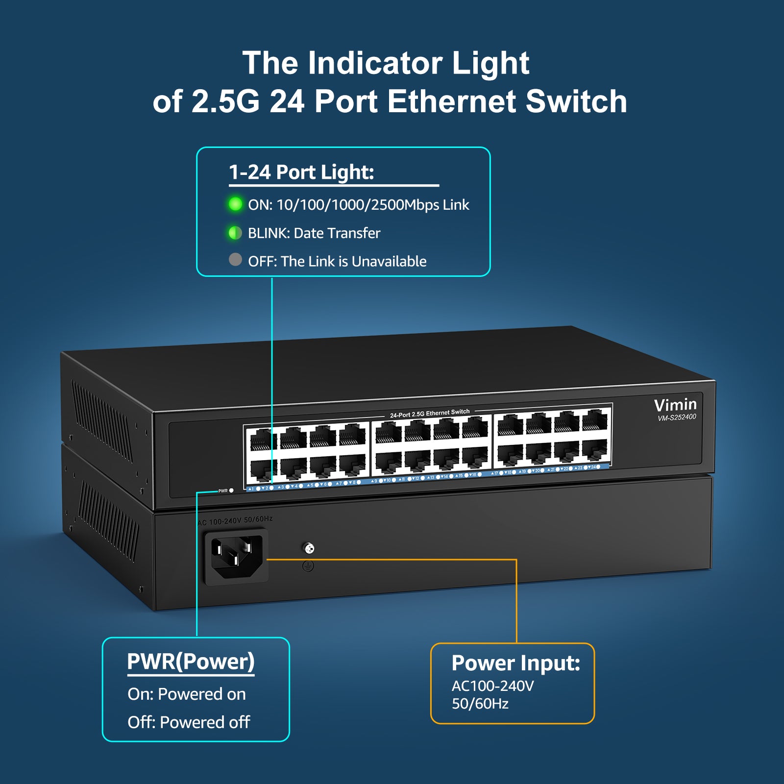 2.5G Switch Unmanaged, Vimin 24 Port 2.5GB Base-T Ethernet Switch