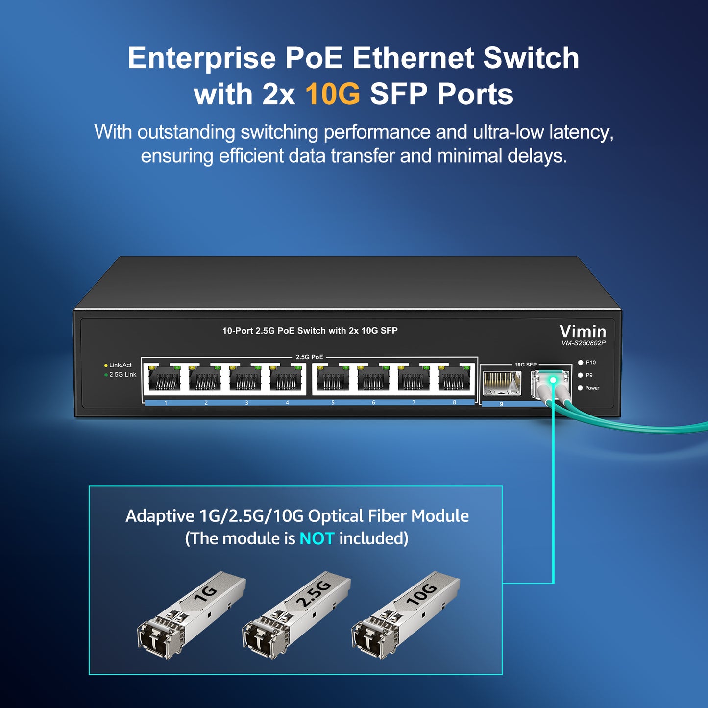 8 Port 2.5G PoE Switch Unmanaged with 2X 10Gbps SFP, VIMIN 10x 2.5G Base-T PoE Ports, 10G SFP PoE Switch w/ 60Gbps Ethernet Switching Capacity, IEEE802.3af/at, 120W, VLAN, Metal Housing, Fanless