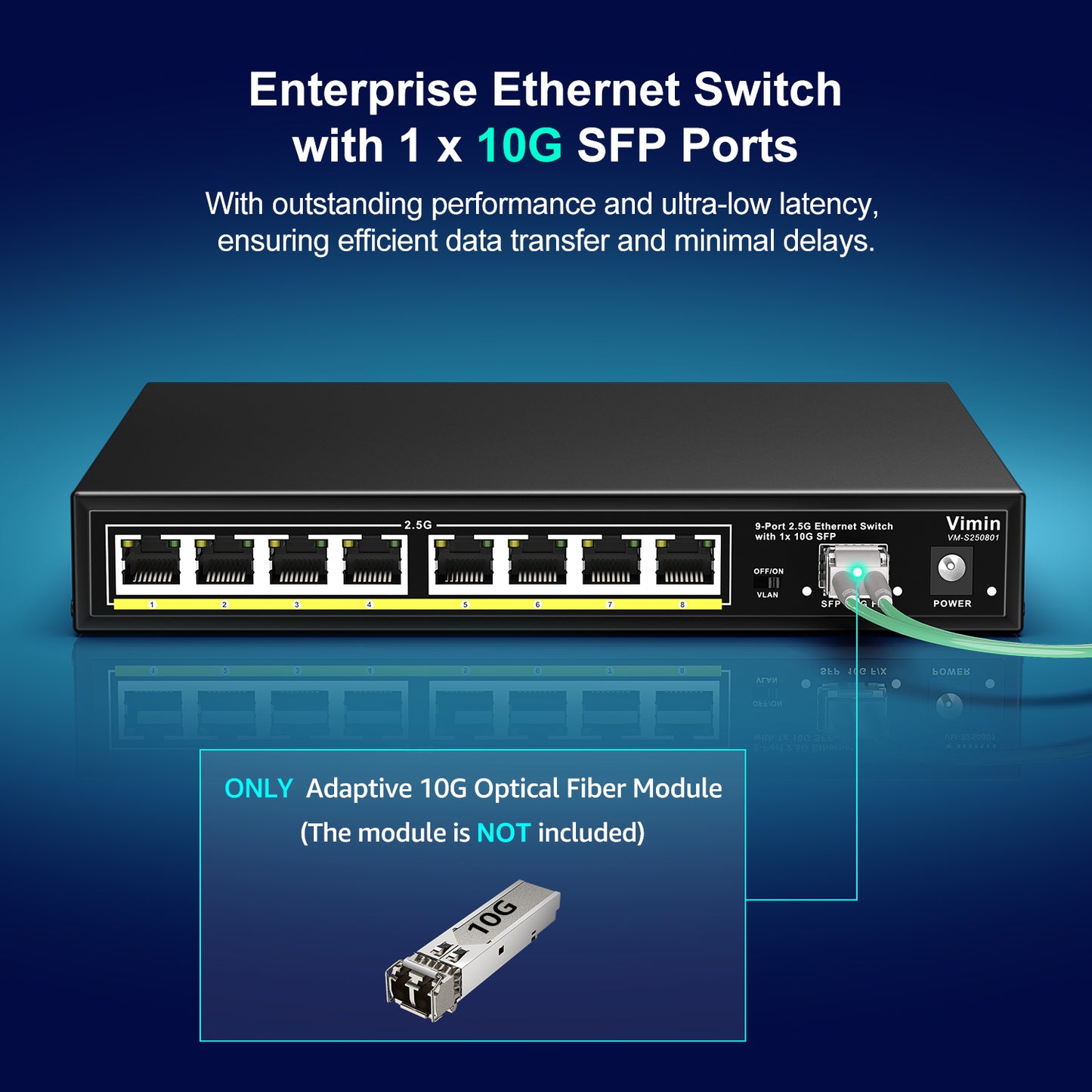 8 Port 2.5G Unmanaged Ethernet Switch with 10G SFP, VIMIN 8-Port 2.5G Base-T Ports with 60Gbps Switching Capacity, Compatible 10/100/1000Mbps Network, One-Key VLAN, Metal Housing, Fanless, for Desktop