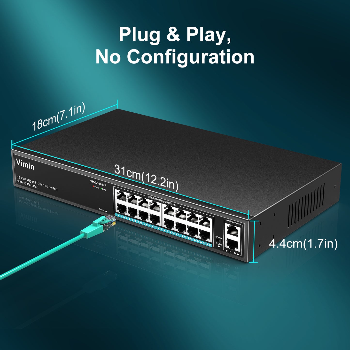 16 Port Gigabit PoE Switch with 2 Uplink Gigabit Ports, 18 Port Unmanaged Ethernet PoE Switch with 250W Power, Support IEEE802.3af/at, VLAN, Metal Housing, 19 inch Rack-Mount, Plug & Play