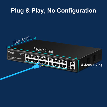 24 Port Gigabit PoE Switch with 2 Uplink Gigabit Ports, 26 Port Unmanaged PoE Ethernet Switch with 320W Power, Support IEEE802.3af/at, VLAN, Metal Housing, 19 inch Rack-Mount, Plug and Play
