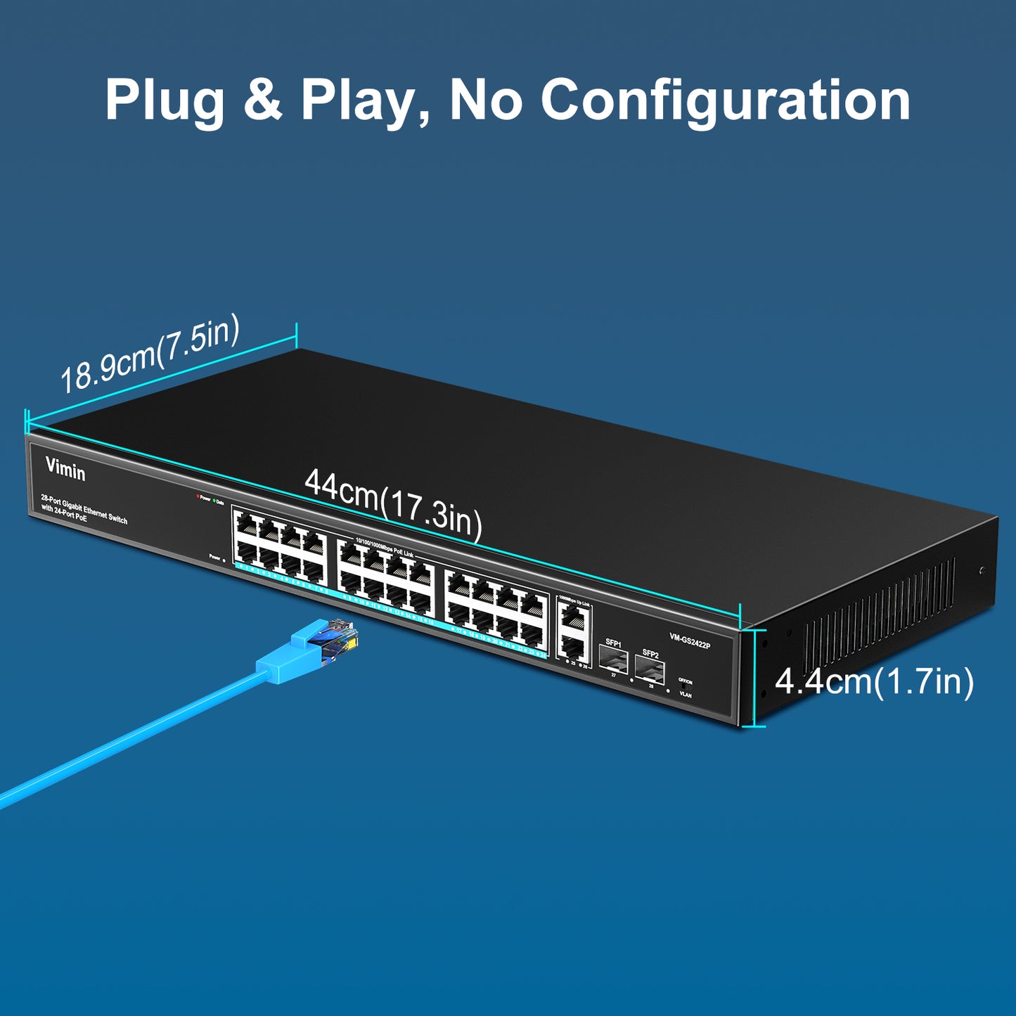 24 Port Gigabit PoE Switch with 2 Uplink Gigabit & 2 SFP Ports, 24-Port Ethernet PoE Switch Unmanaged w/ 320W High Power, Support IEEE802.3af/at, VLAN, Rack-Mount, Sturdy Metal Housing