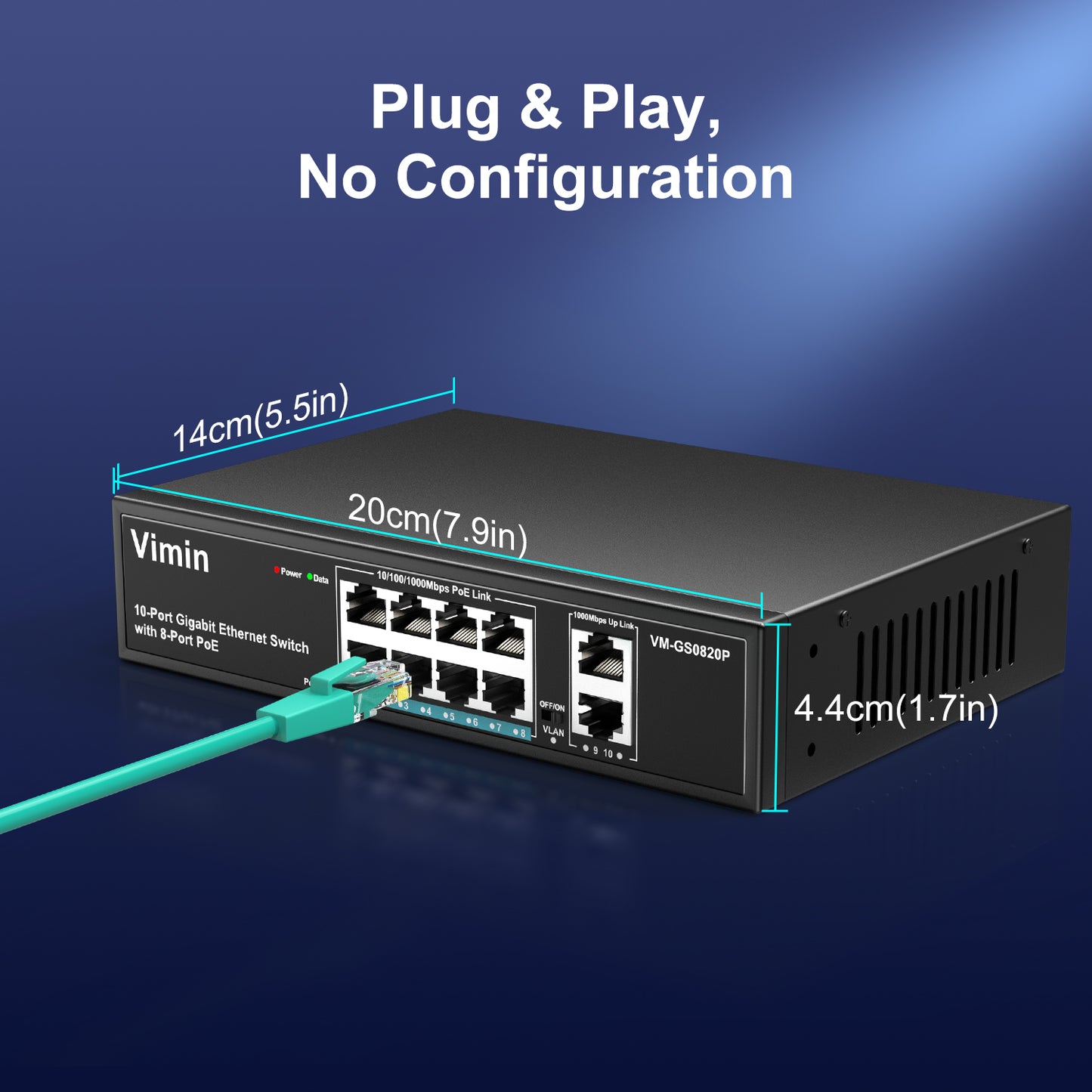 Switch PoE Gigabit 8 ports avec 2 ports Gigabit de liaison montante, commutateur PoE Ethernet non géré 10 ports avec puissance 120 W, prise en charge IEEE802.3af/at, VLAN, boîtier métallique, bureau ou montage mural, Plug &amp; Play 