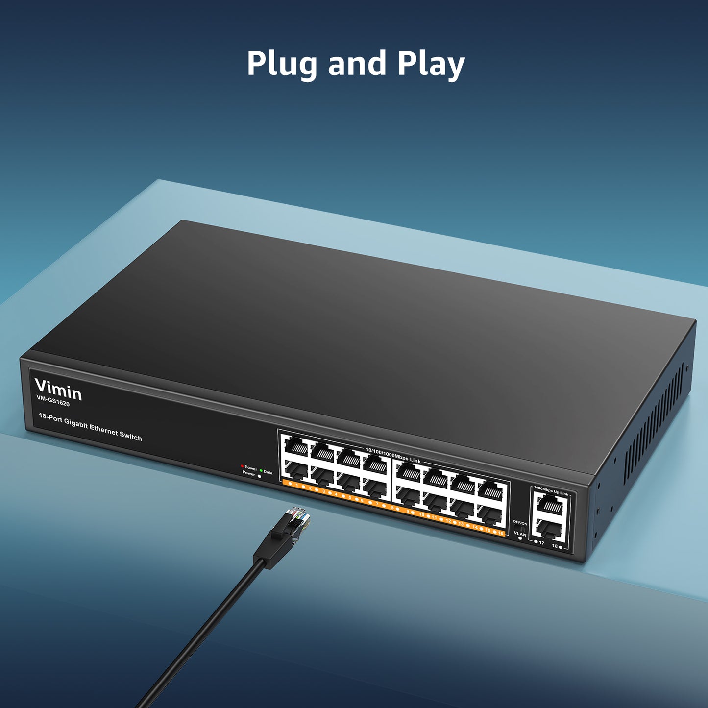 16-Port Gigabit Ethernet Switch with 2 Uplink 1000Mbps Ports, VIMIN 18-Port Unmanaged Network Switch Support IEEE802.3af/at, VLAN, Desktop & 19 inch Rack-Mount, 250W Power Budget, Plug and Play