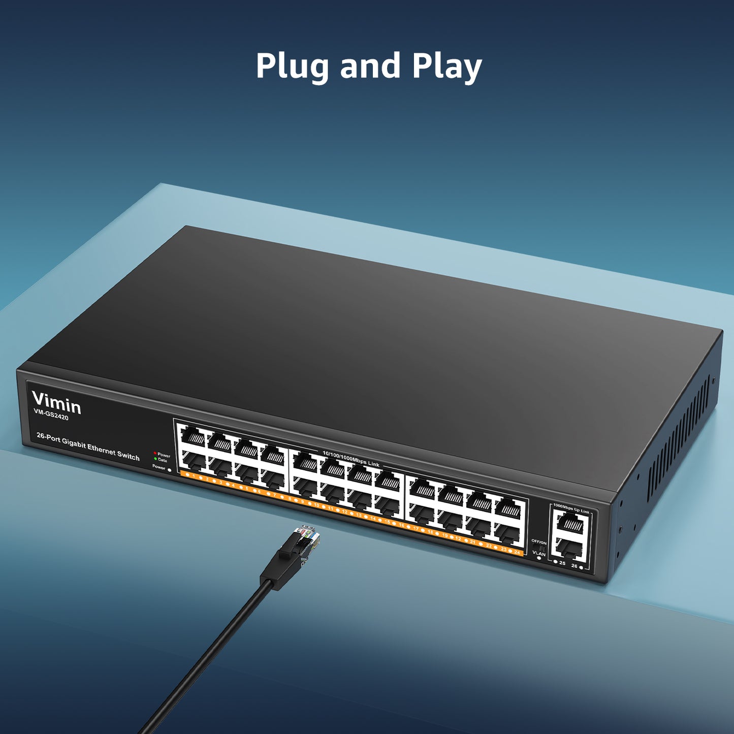 24-Port Gigabit Ethernet Switch with 2 Uplink 1000Mbps Ports, 26-Port Unmanaged Network Switch Support IEEE802.3af/at, VLAN, Metal Housing, Desktop, 19 inch Rack-Mount, Plug and Play