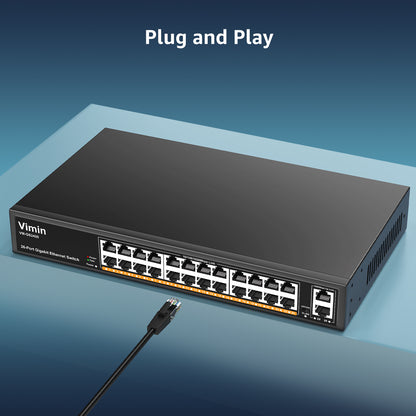 24-Port Gigabit Ethernet Switch with 2 Uplink 1000Mbps Ports, 26-Port Unmanaged Network Switch Support IEEE802.3af/at, VLAN, Metal Housing, Desktop, 19 inch Rack-Mount, Plug and Play