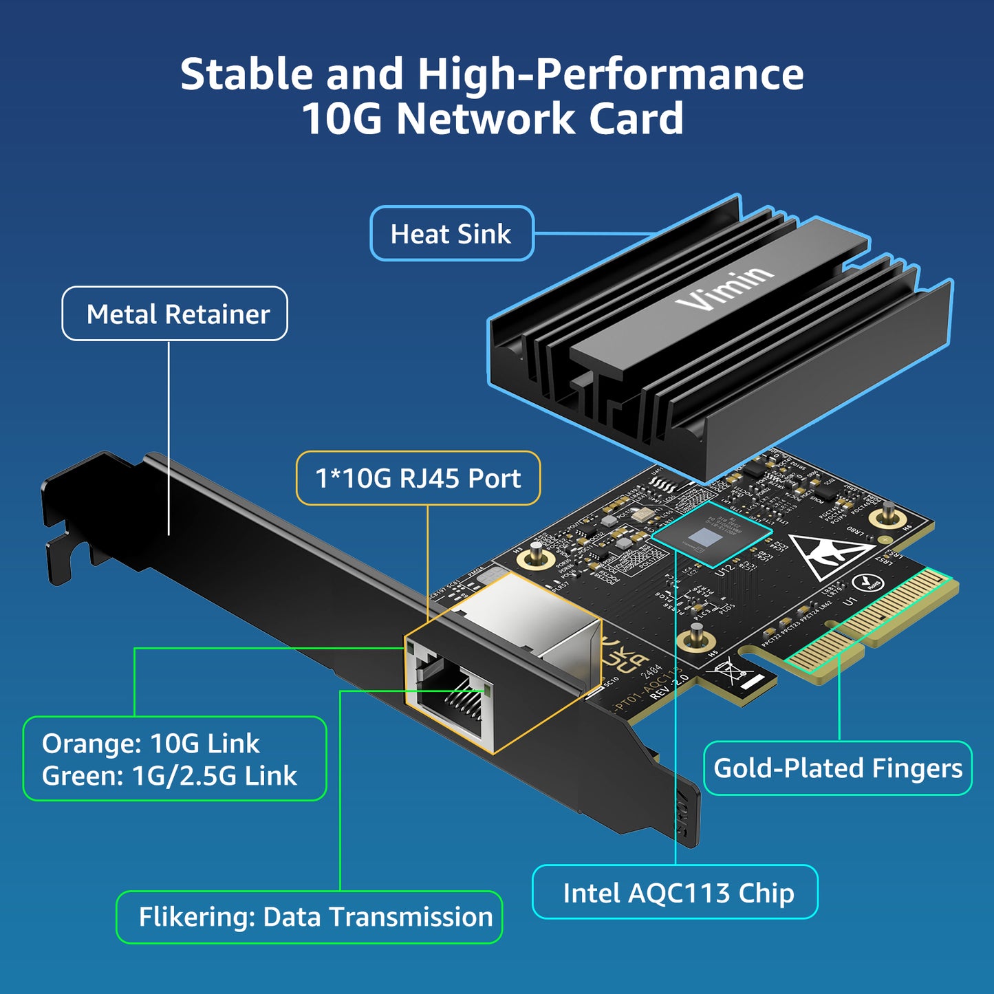 10G PCI-e Network Card with 10Gbps RJ45 Ports, Marvel AQC113 Controller, VIMIN 10Gb Ethernet Adapter Card Compatible with PCI Express X8, X16, Support Windows/Windows Server/Linux/VMware