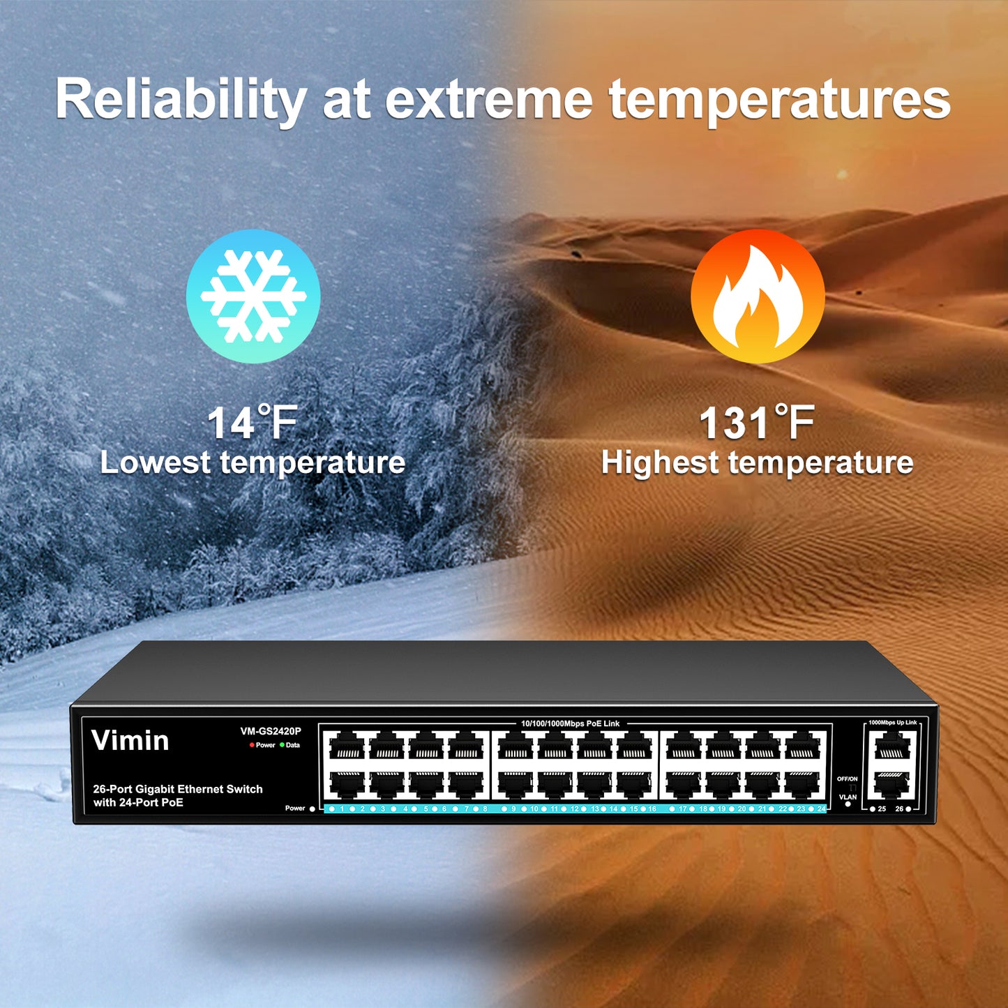 Switch PoE Gigabit 24 ports avec 2 ports Gigabit de liaison montante, commutateur Ethernet PoE non géré 26 ports avec puissance 320 W, prise en charge IEEE802.3af/at, VLAN, boîtier métallique, montage en rack 19 pouces, Plug and Play 