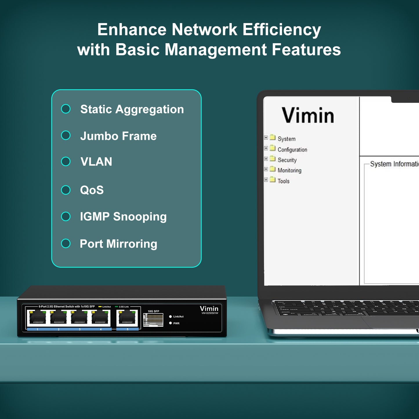 5 Port 2.5G Base-T Smart Web Ethernet Switch Managed with 10Gbps SFP Port, Compatible with 100/1000/2500Mbps Network, VIMIN 6-Port 2.5 Gigabit Managed Network Switch for 2.5G NAS, PC, Wireless AP