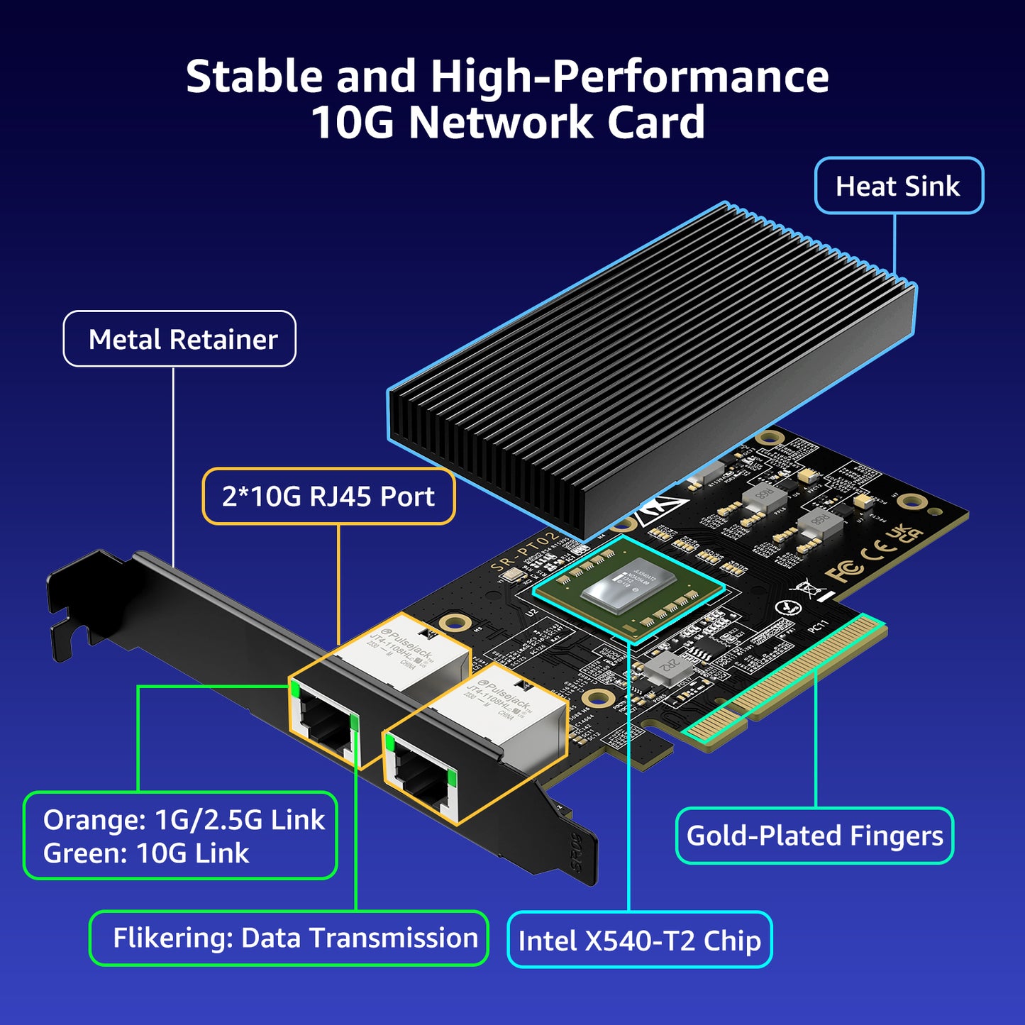 10G PCI-E Network Card with 10Gbps Dual RJ45 Ports, Intel X540-T2 Conrtoller, VIMIN 10Gb Ethernet Adapter Card Compatible with PCI Express X8, X16, Support Windows/Windows Server/Linux/VMware