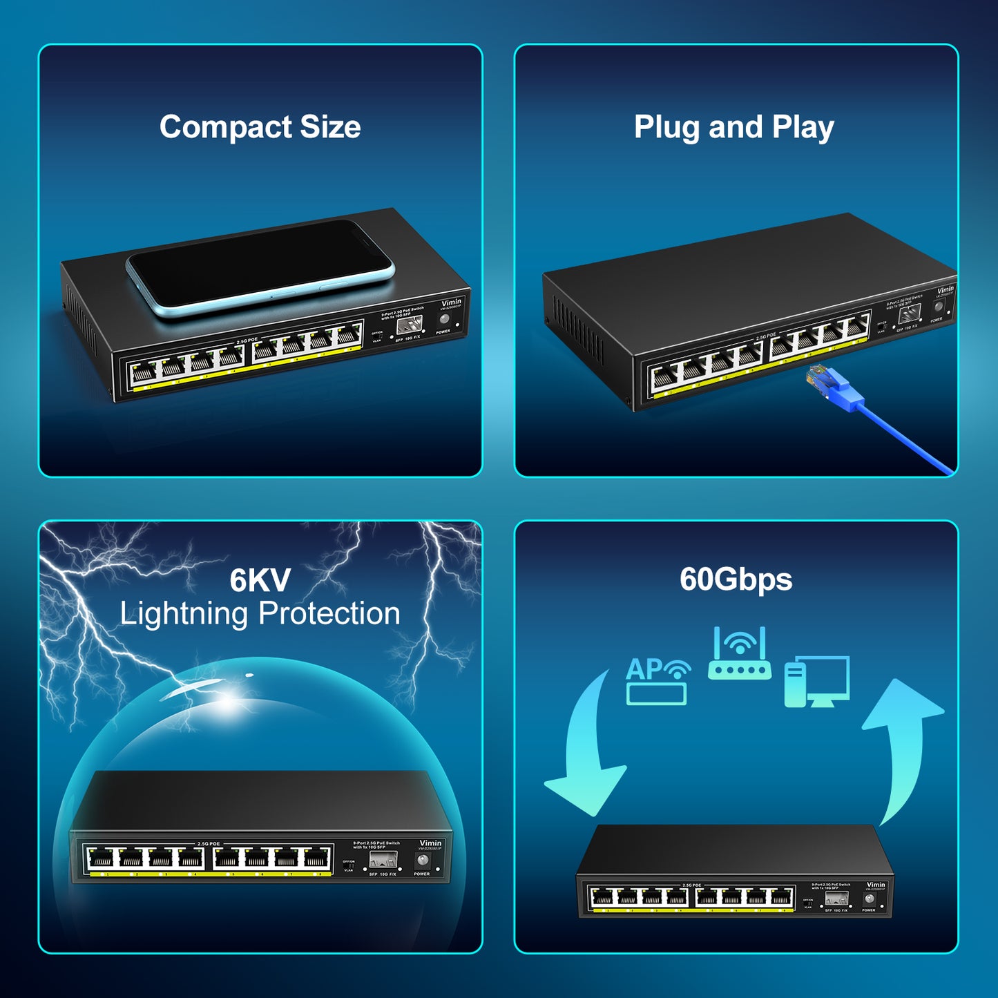 8 Port 2.5G Base-T PoE Switch Unmanaged, VIMIN 9-Port 2.5 Gigabit PoE Switch with 10G SFP, 60Gbps Switching Capacity, 120W Power Budget, VLAN, Support IEEE802.3af/at, Metal Housing, Fanless, Desktop