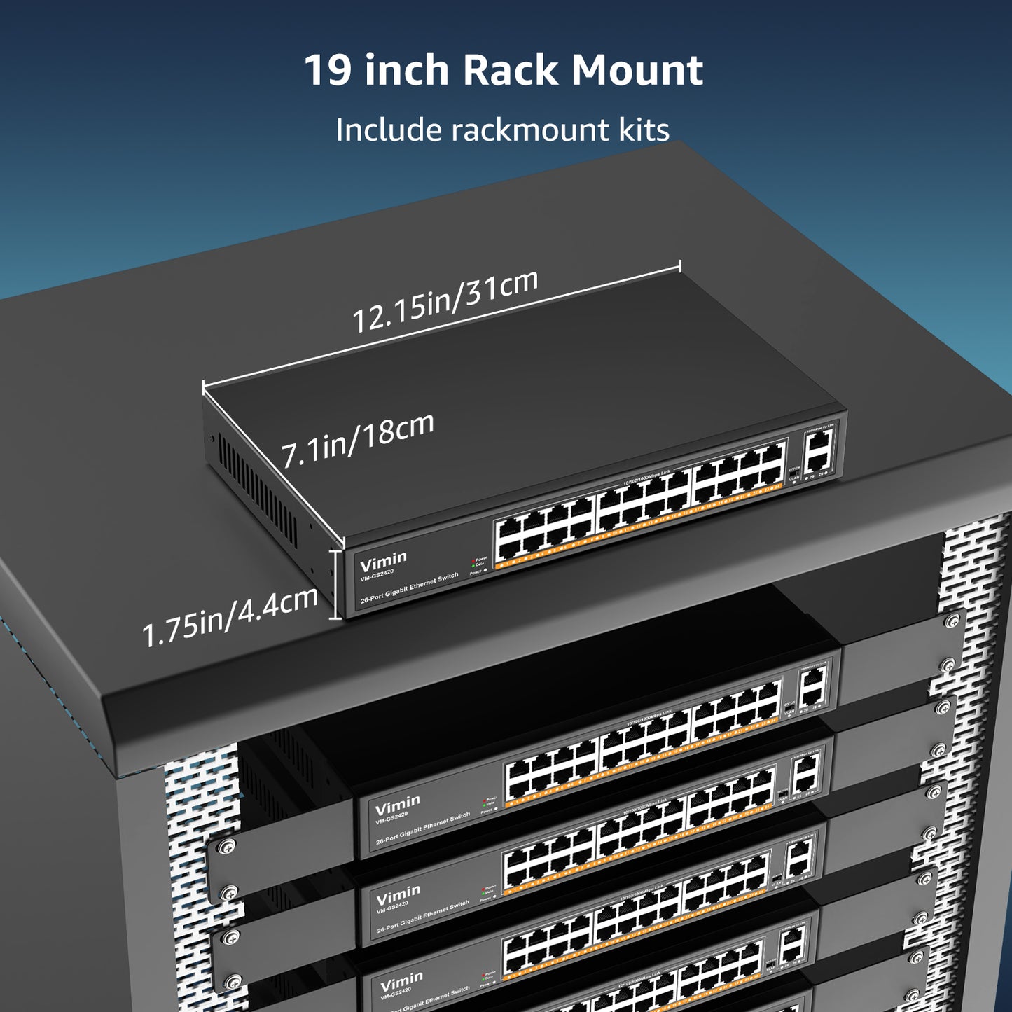 24-Port Gigabit Ethernet Switch with 2 Uplink 1000Mbps Ports, 26-Port Unmanaged Network Switch Support IEEE802.3af/at, VLAN, Metal Housing, Desktop, 19 inch Rack-Mount, Plug and Play