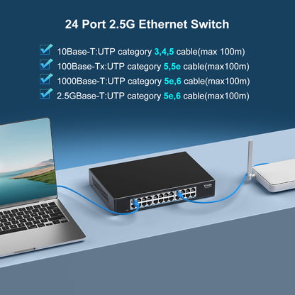 2.5G Switch Unmanaged, Vimin 24 Port 2.5GB Base-T Ethernet Switch, 2.5Gb Network Switch Plug & Play, Compatible with 10/100/1000/2500Mbps, Metal Housing, Fanless, for 2.5Gbps NAS, Wireless AP & PC
