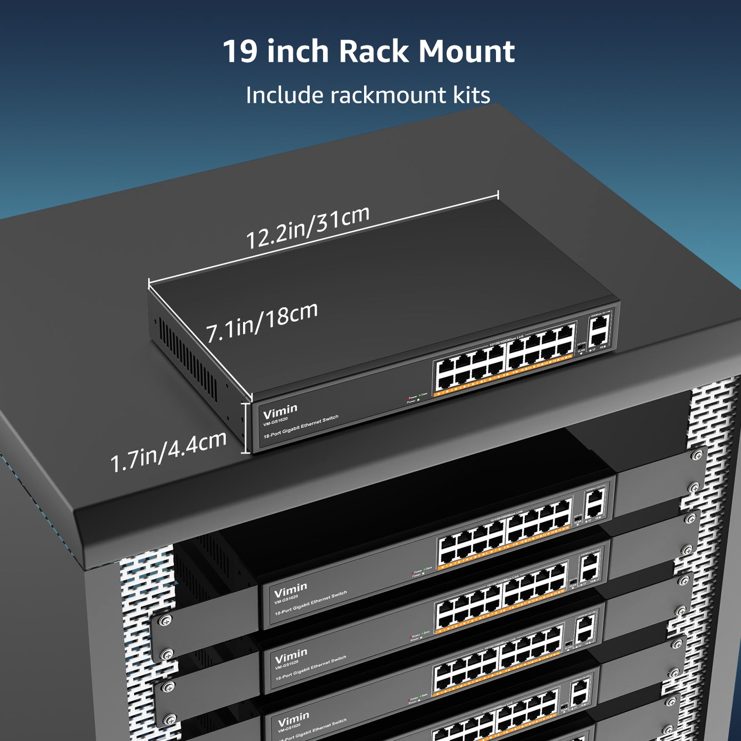 16-Port Gigabit Ethernet Switch with 2 Uplink 1000Mbps Ports, VIMIN 18-Port Unmanaged Network Switch Support IEEE802.3af/at, VLAN, Desktop & 19 inch Rack-Mount, 250W Power Budget, Plug and Play