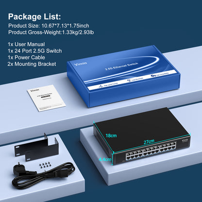 2.5G Switch Unmanaged, Vimin 24 Port 2.5GB Base-T Ethernet Switch, 2.5Gb Network Switch Plug & Play, Compatible with 10/100/1000/2500Mbps, Metal Housing, Fanless, for 2.5Gbps NAS, Wireless AP & PC
