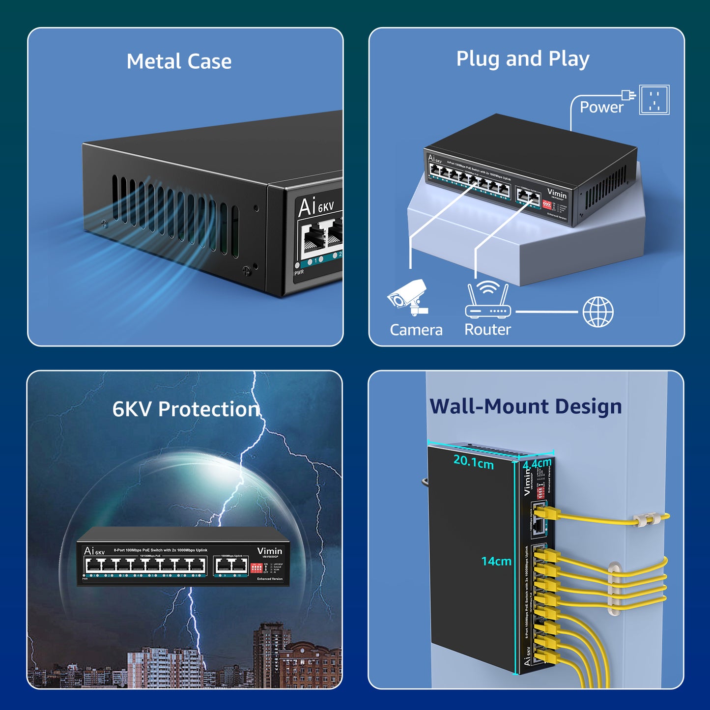 [Mise à niveau] Switch PoE 8 ports avec 2 ports de liaison montante Gigabit, commutateur PoE Ethernet 10/100 Mbps non géré VIMIN 10 ports avec liaison montante 2 x 1000 Mbps, chien de garde AI, VLAN, extension 250 m, prise en charge IEEE802.3af/at 