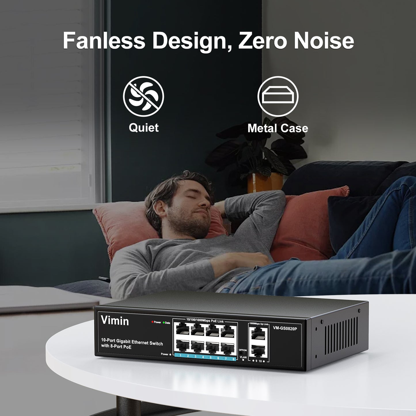 Switch PoE Gigabit 8 ports avec 2 ports Gigabit de liaison montante, commutateur PoE Ethernet non géré 10 ports avec puissance 120 W, prise en charge IEEE802.3af/at, VLAN, boîtier métallique, bureau ou montage mural, Plug &amp; Play 