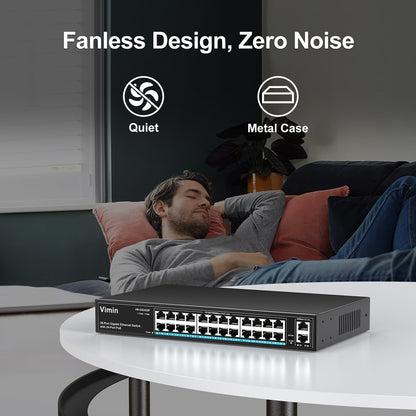 24 Port Gigabit PoE Switch with 2 Uplink Gigabit Ports, 26 Port Unmanaged PoE Ethernet Switch with 320W Power, Support IEEE802.3af/at, VLAN, Metal Housing, 19 inch Rack-Mount, Plug and Play