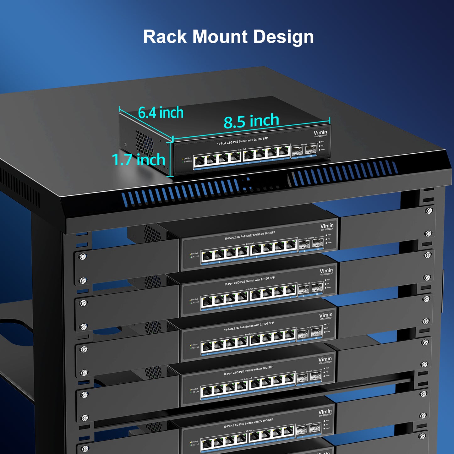 8 Port 2.5G PoE Switch Unmanaged with 2X 10Gbps SFP, VIMIN 10x 2.5G Base-T PoE Ports, 10G SFP PoE Switch w/ 60Gbps Ethernet Switching Capacity, IEEE802.3af/at, 120W, VLAN, Metal Housing, Fanless