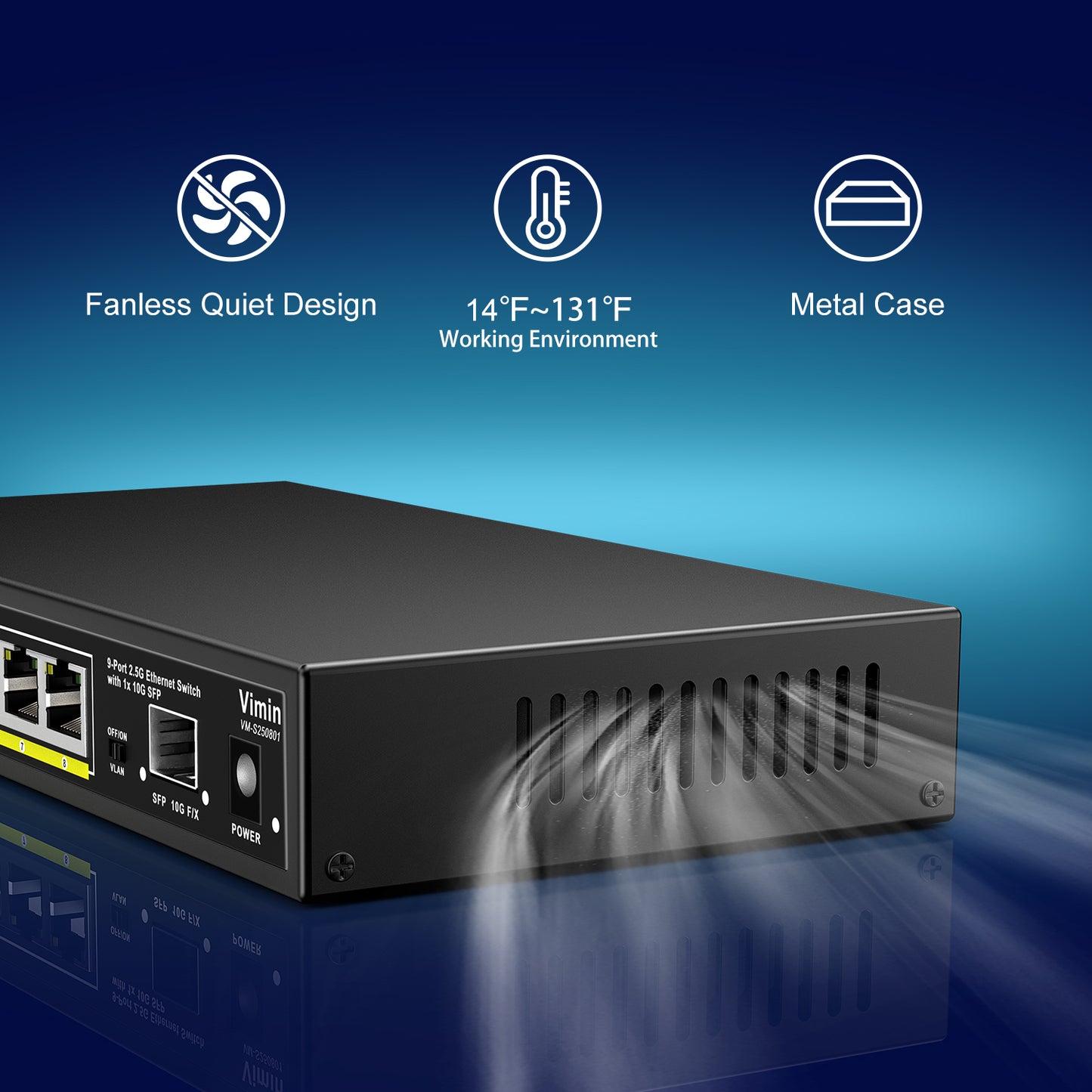 8 Port 2.5G Unmanaged Ethernet Switch with 10G SFP, VIMIN 8-Port 2.5G Base-T Ports with 60Gbps Switching Capacity, Compatible 10/100/1000Mbps Network, One-Key VLAN, Metal Housing, Fanless, for Desktop