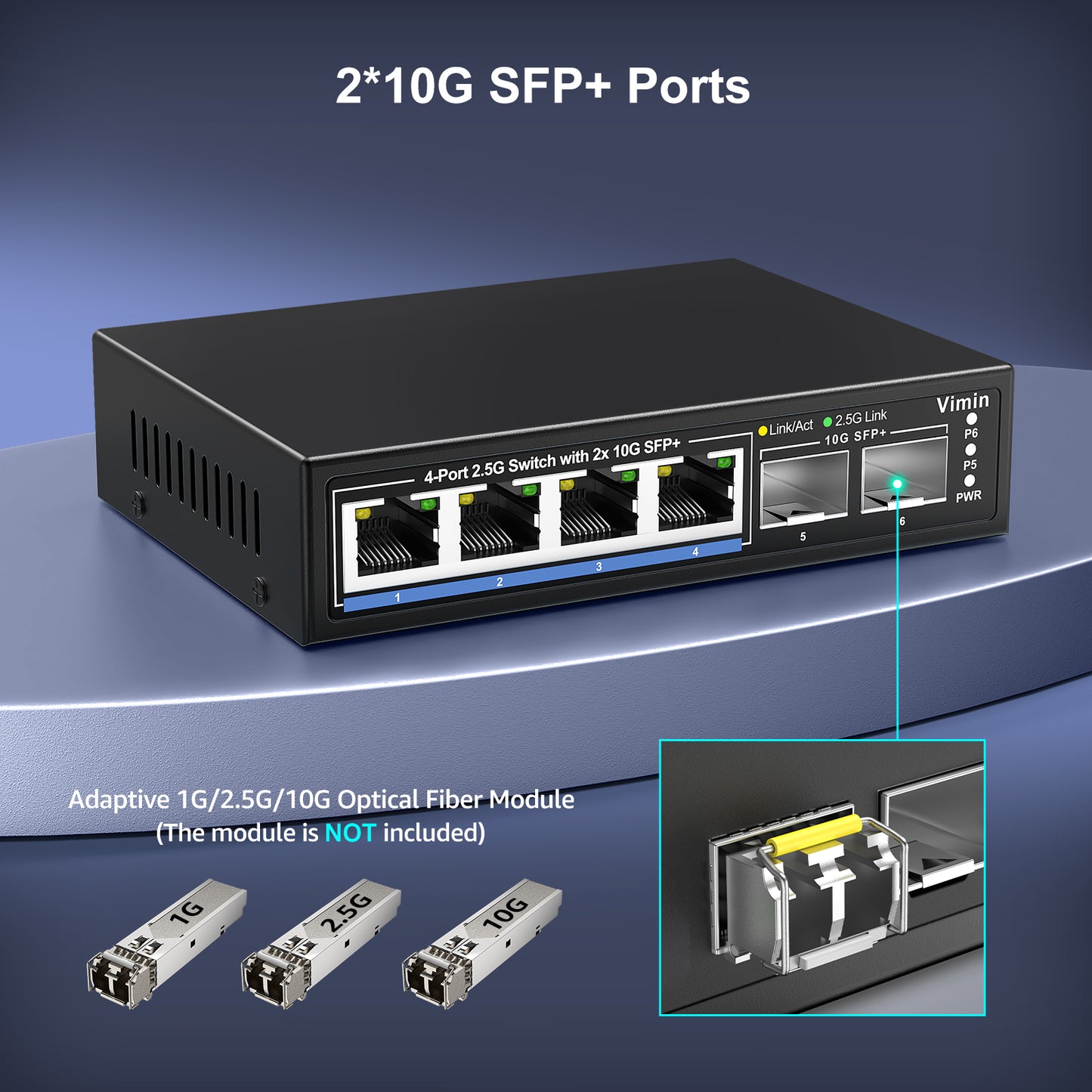 6 Port 2.5G Unmanaged Network Switch, VIMIN 4X 2.5Gbase-T Ports, 2X 10G SFP+ Port, 60Gbps Switching Capacity, IEEE802.3, Metal Housing, Fanless, Work for 2.5Gbps NAS, Wireless AP & PC