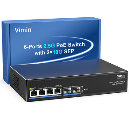 Switch PoE 6 ports 2,5 G non géré, 4 ports PoE 2,5 GBase-T, 2 ports SFP 10 Gbit/s, commutateur PoE 4 ports avec capacité de commutation Ethernet 60 Gbit/s, prise en charge IEEE802.3af/at, 65 W, VLAN, boîtier métallique, sans ventilateur 