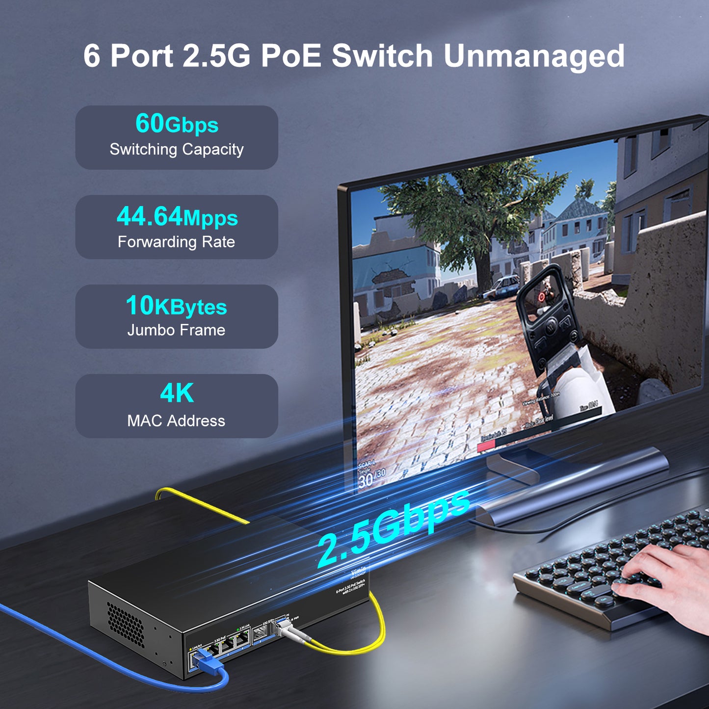 Switch PoE 6 ports 2,5 G non géré, 4 ports PoE 2,5 GBase-T, 2 ports SFP 10 Gbit/s, commutateur PoE 4 ports avec capacité de commutation Ethernet 60 Gbit/s, prise en charge IEEE802.3af/at, 65 W, VLAN, boîtier métallique, sans ventilateur 