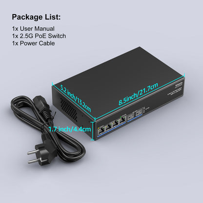 Switch PoE 6 ports 2,5 G non géré, 4 ports PoE 2,5 GBase-T, 2 ports SFP 10 Gbit/s, commutateur PoE 4 ports avec capacité de commutation Ethernet 60 Gbit/s, prise en charge IEEE802.3af/at, 65 W, VLAN, boîtier métallique, sans ventilateur 