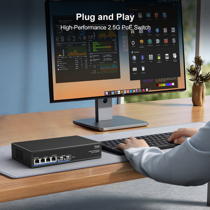 Switch PoE 6 ports 2,5 G non géré, 4 ports PoE 2,5 GBase-T, 2 ports SFP 10 Gbit/s, commutateur PoE 4 ports avec capacité de commutation Ethernet 60 Gbit/s, prise en charge IEEE802.3af/at, 65 W, VLAN, boîtier métallique, sans ventilateur 