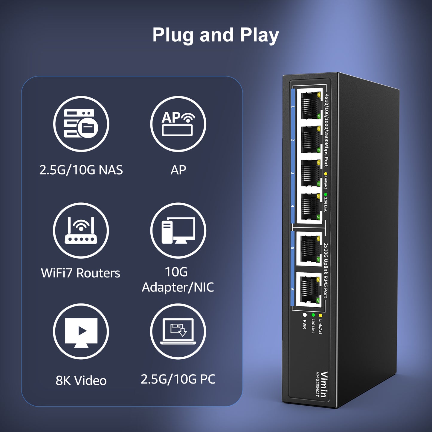 6-Port 10G/2.5G Ethernet Switch with Dual 10GBASE-T, Vimin 4X 2.5G +2 x 10Gb RJ45 Ports Unmanaged Switch, 60Gbps Capacity, Multi-Gigabit Desktop/Wall Mount Network Switch for NAS, PC, Wireless AP